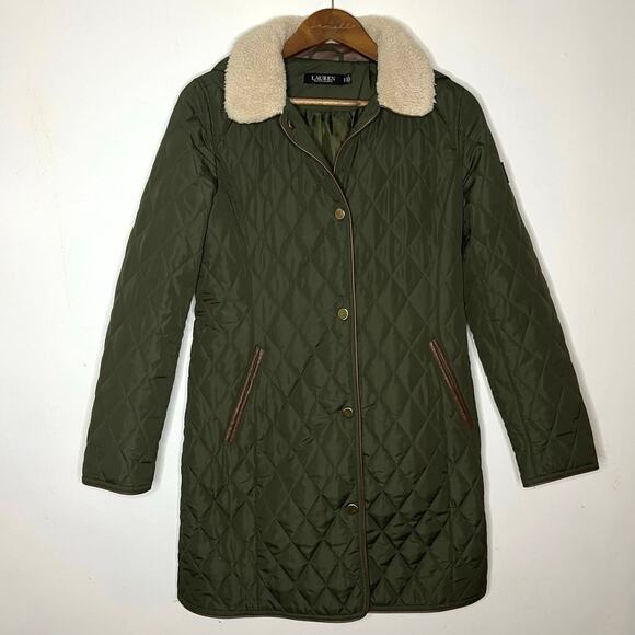 Ralph Lauren Quilted Jacket Faux Shearling Collar Green Size S Hooded Equestrian - Picture 3 of 7